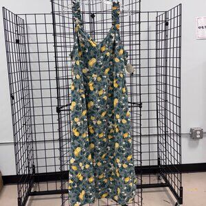 Dip Green & Lemon Print Linen Blend Sundress Ruffle Straps Size XL NWT